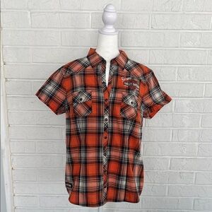 Harley-Davidson Women’s Orange and Black Plaid Snap Down Shirt Size Large